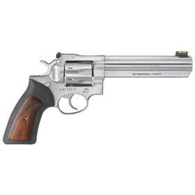 The Ruger GP100 Double Action 7 Round Revolver in 357 Magnum with 6" Barrel, Engraved Wood Grips and Satin Stainless is a fantastic easy to shoot revolver.